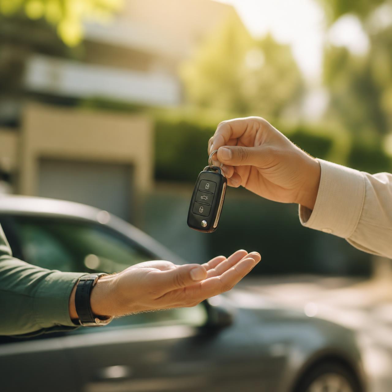 A person handing over car keys in a sunlit driveway