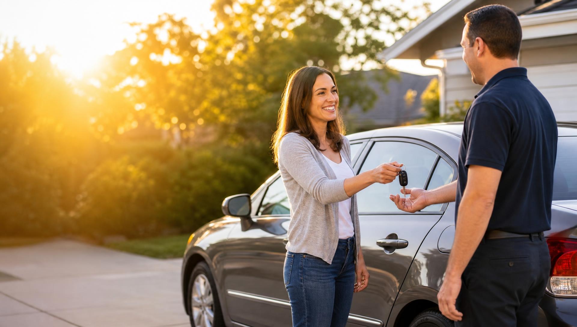 A person handing over car keys in a sunlit driveway
